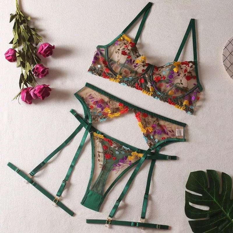 Boho Embroidered Lingerie Set - Green