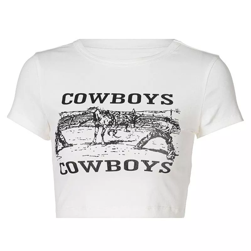 “COWBOYSââ‚?print short sleeve crewneck crop top