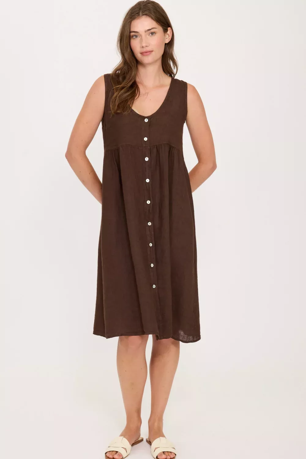 Pistache Linen Button Down Dress, Coffee Caffe (R0352)