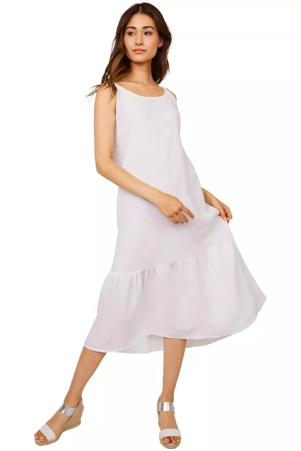 Pistache Sleeveless Linen Dress with Back Bow, White (D218131)