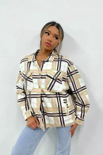Stone Check Print Oversized Button Up Pocket Shacket - Isabella