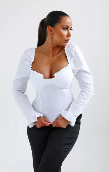 White Cup Detail Shirred Puff Sleeve Shirt - Nawal
